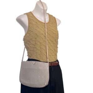 Vintage 60s Metal Mesh Beige Dark Cream Small Formal Crossbody Bag Purse